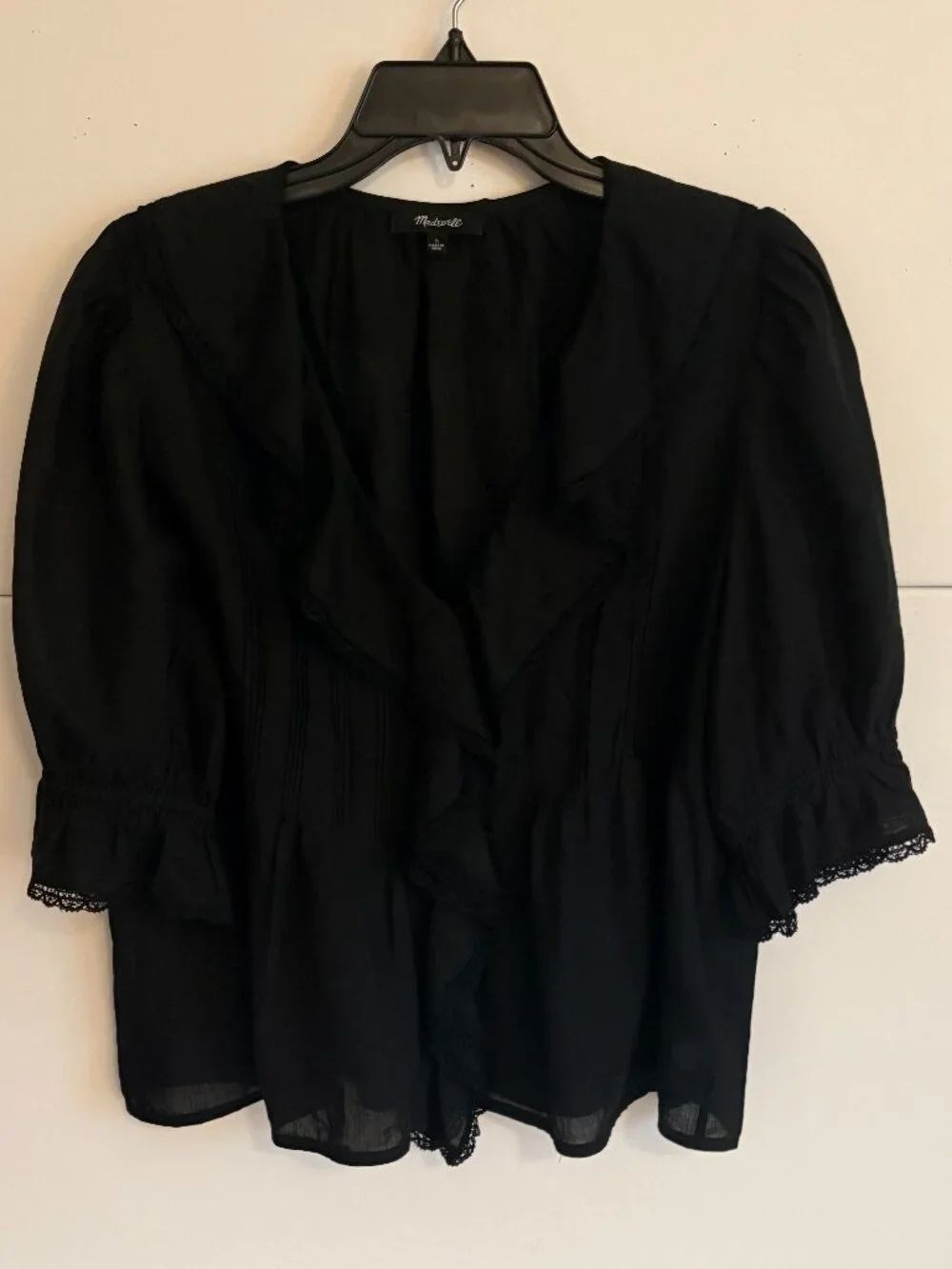 Madewell Black Cotton Pintuck Ruffle Blouse Short Puff Sleeve Victorian Top L